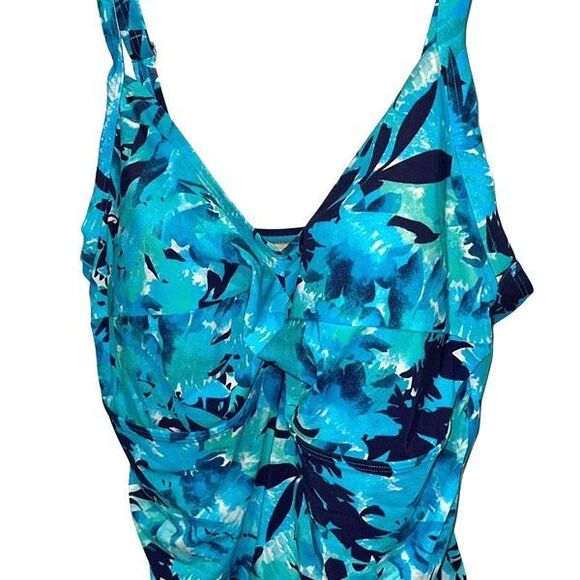 L.L Bean Womens Floral V-Neck Slimming One-Piece Swimsuit Aqua Size 20W Plus - Picture 2 of 8